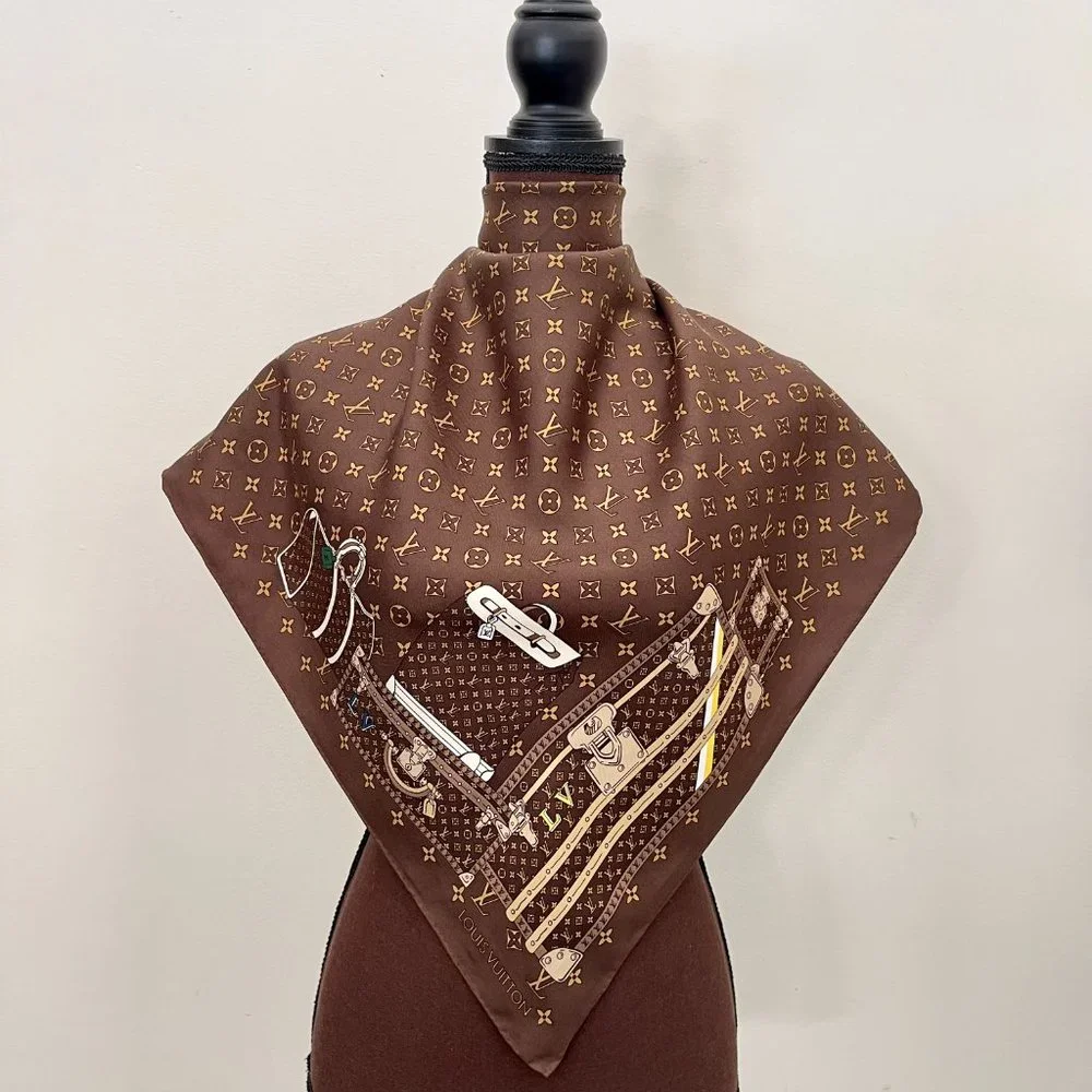 Louis Vuitton Scarf  Travel Trunks Monogram Brown Silk Wrap